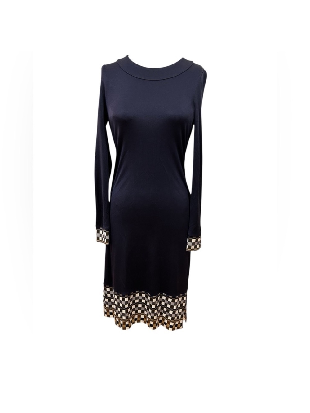 TORY BURCH Navy Silk size Small Long Sleeve Midi classicDress Checkerboard Trim